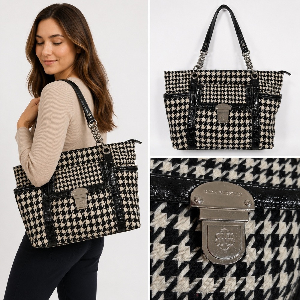 Dana Buchman‎ Houndstooth Shoulder Tote Bag Black White Chain Strap Zip
